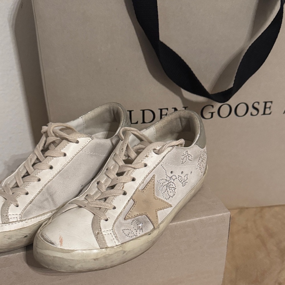 Ltd.Ed. Golden Goose Women's Cream and Tan Star Sneakers with Swarovski Crystals